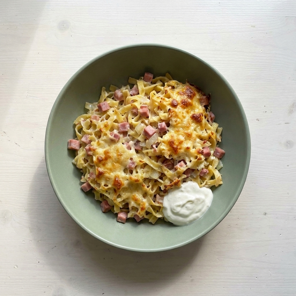 Alt Wiener Schinkenfleckerl mit grünem Salat & Sauerrahm Dip