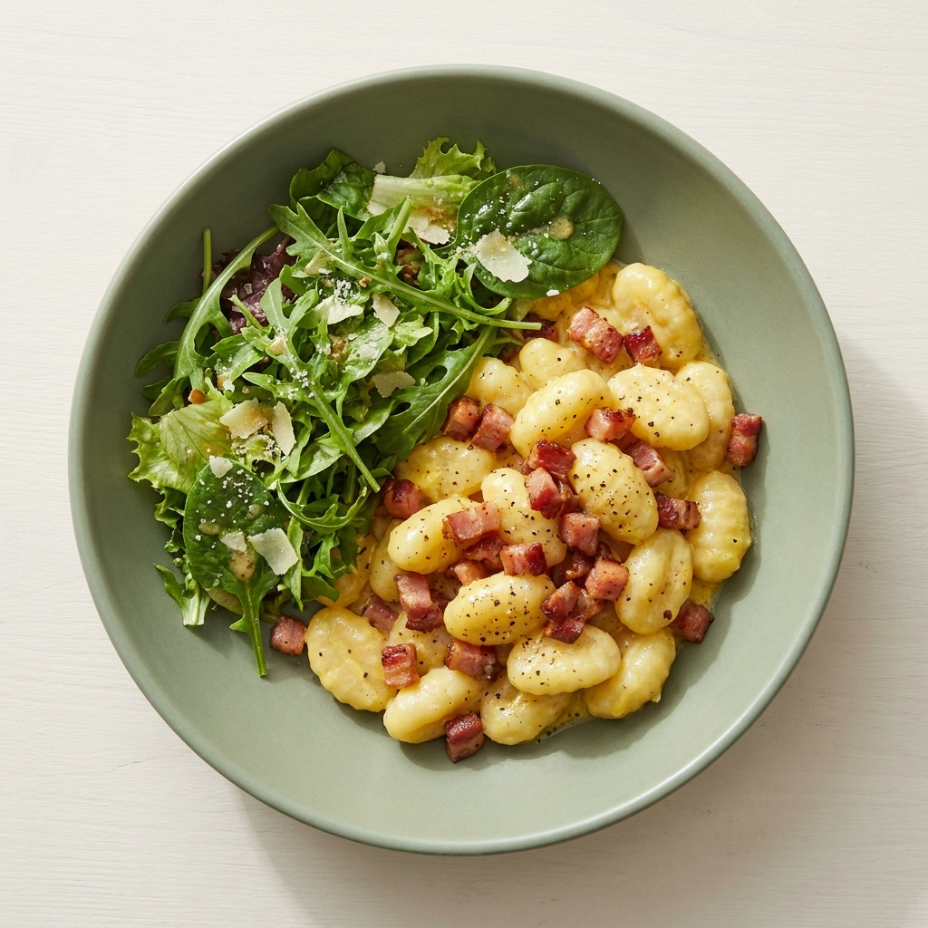 Gnocchi Carbonara mit geröstetem Speck & grünem Salat
